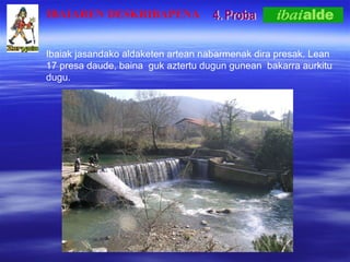 4. Proba Ibaiak jasandako aldaketen artean nabarmenak dira presak. Lean 17 presa daude, baina  guk aztertu dugun gunean  bakarra aurkitu dugu. IBAIAREN DESKRIBAPENA 