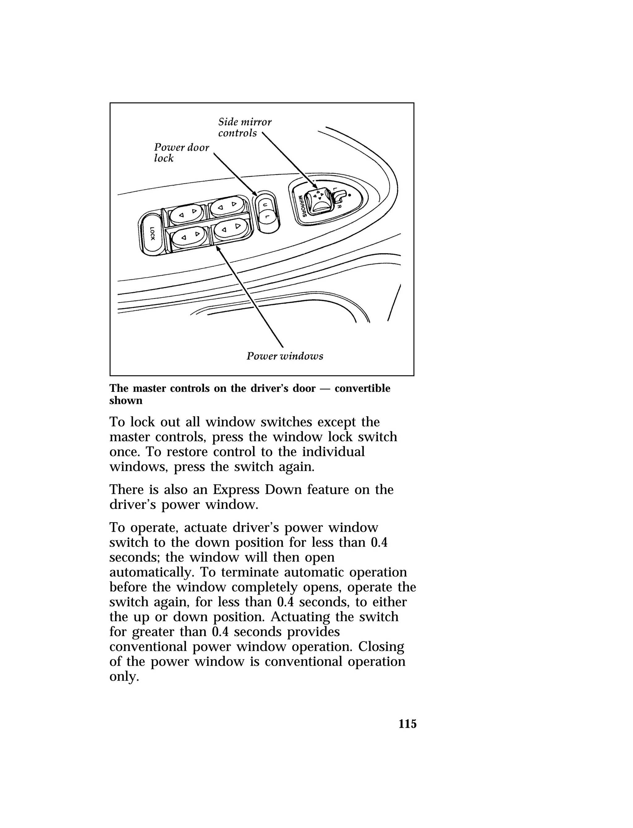 The master controls on the driver’s door — convertible 
shown 
To lock out all window switches except the 
master controls, press the window lock switch 
once. To restore control to the individual 
windows, press the switch again. 
There is also an Express Down feature on the 
driver’s power window. 
To operate, actuate driver’s power window 
switch to the down position for less than 0.4 
seconds; the window will then open 
automatically. To terminate automatic operation 
before the window completely opens, operate the 
switch again, for less than 0.4 seconds, to either 
the up or down position. Actuating the switch 
for greater than 0.4 seconds provides 
conventional power window operation. Closing 
of the power window is conventional operation 
only. 
115 
 