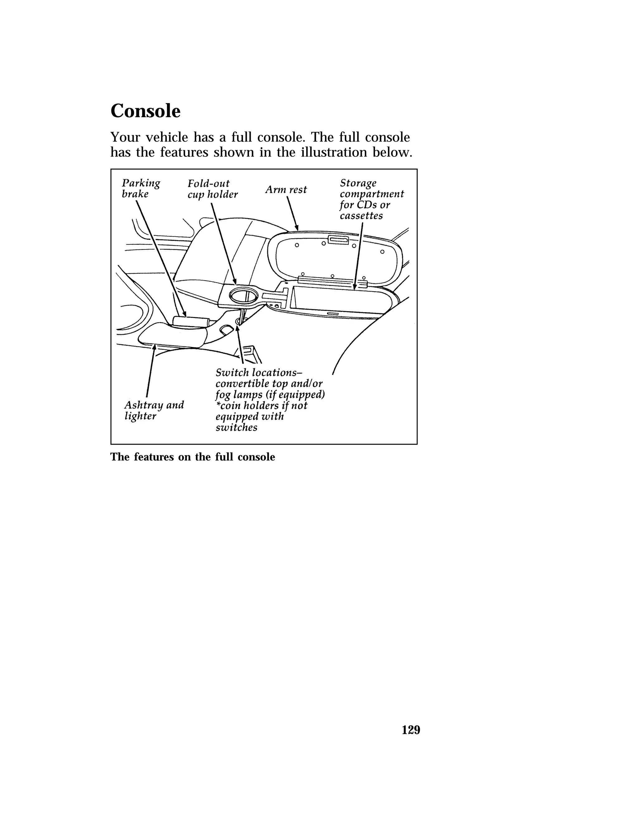 Console 
Your vehicle has a full console. The full console 
has the features shown in the illustration below. 
129 
The features on the full console 
 