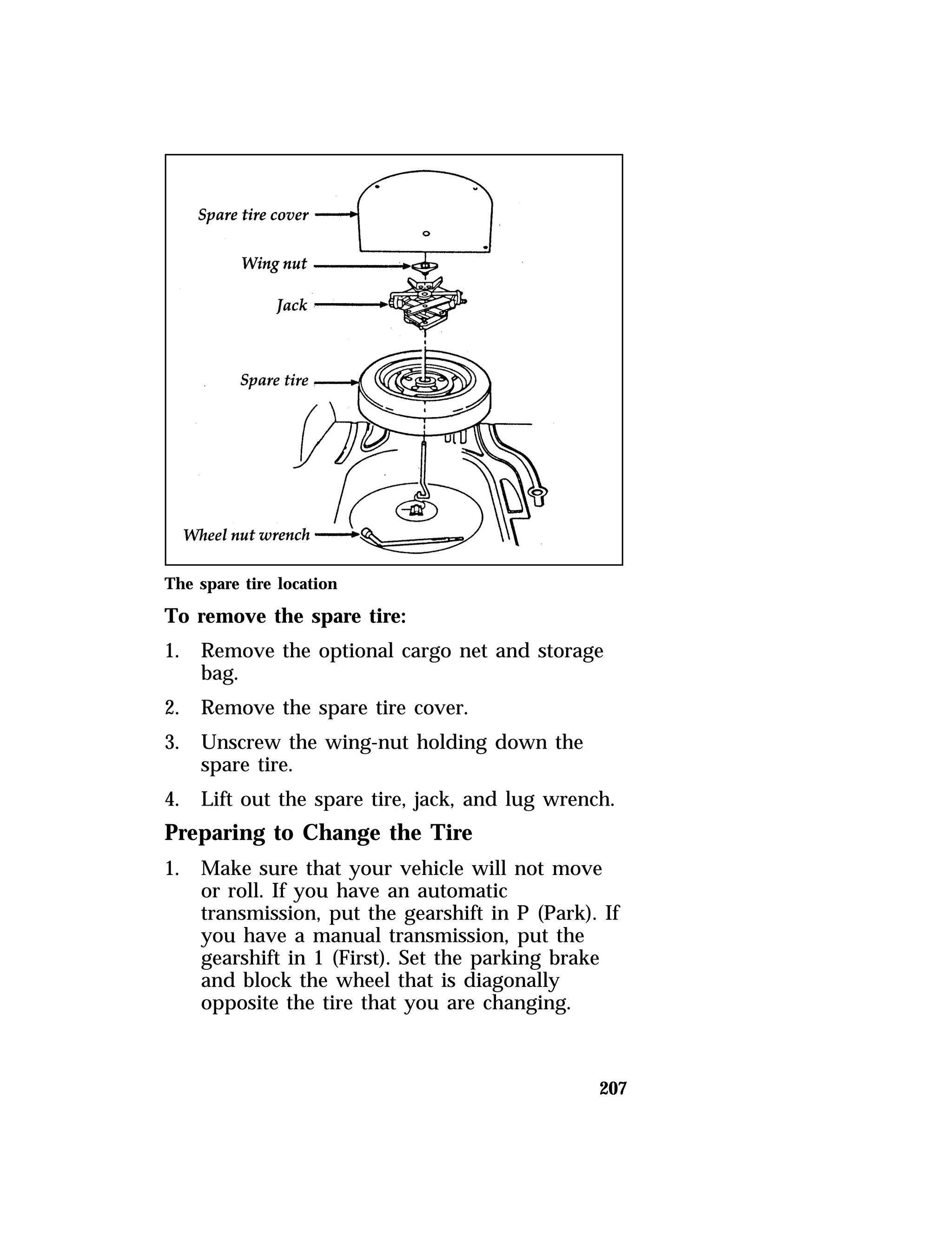 The spare tire location 
To remove the spare tire: 
1. Remove the optional cargo net and storage 
207 
bag. 
2. Remove the spare tire cover. 
3. Unscrew the wing-nut holding down the 
spare tire. 
4. Lift out the spare tire, jack, and lug wrench. 
Preparing to Change the Tire 
1. Make sure that your vehicle will not move 
or roll. If you have an automatic 
transmission, put the gearshift in P (Park). If 
you have a manual transmission, put the 
gearshift in 1 (First). Set the parking brake 
and block the wheel that is diagonally 
opposite the tire that you are changing. 
 