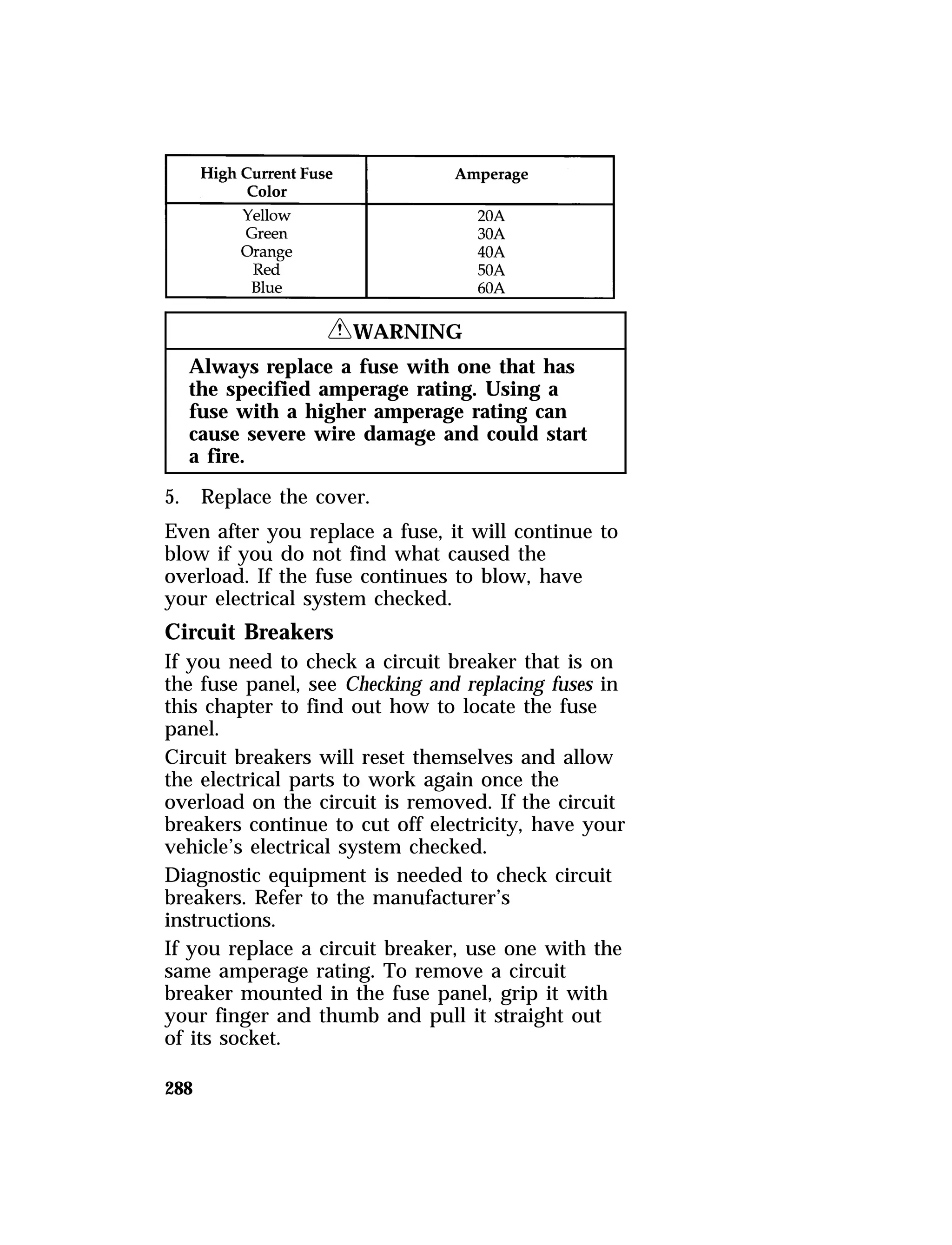 288 
RWARNING 
Always replace a fuse with one that has 
the specified amperage rating. Using a 
fuse with a higher amperage rating can 
cause severe wire damage and could start 
a fire. 
5. Replace the cover. 
Even after you replace a fuse, it will continue to 
blow if you do not find what caused the 
overload. If the fuse continues to blow, have 
your electrical system checked. 
Circuit Breakers 
If you need to check a circuit breaker that is on 
the fuse panel, see Checking and replacing fuses in 
this chapter to find out how to locate the fuse 
panel. 
Circuit breakers will reset themselves and allow 
the electrical parts to work again once the 
overload on the circuit is removed. If the circuit 
breakers continue to cut off electricity, have your 
vehicle’s electrical system checked. 
Diagnostic equipment is needed to check circuit 
breakers. Refer to the manufacturer’s 
instructions. 
If you replace a circuit breaker, use one with the 
same amperage rating. To remove a circuit 
breaker mounted in the fuse panel, grip it with 
your finger and thumb and pull it straight out 
of its socket. 
 