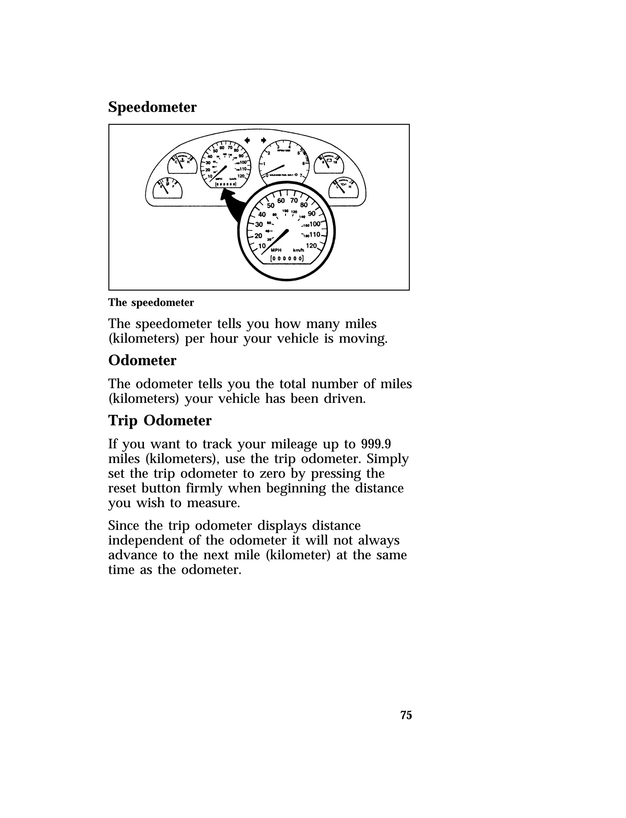 75 
Speedometer 
The speedometer 
The speedometer tells you how many miles 
(kilometers) per hour your vehicle is moving. 
Odometer 
The odometer tells you the total number of miles 
(kilometers) your vehicle has been driven. 
Trip Odometer 
If you want to track your mileage up to 999.9 
miles (kilometers), use the trip odometer. Simply 
set the trip odometer to zero by pressing the 
reset button firmly when beginning the distance 
you wish to measure. 
Since the trip odometer displays distance 
independent of the odometer it will not always 
advance to the next mile (kilometer) at the same 
time as the odometer. 
 