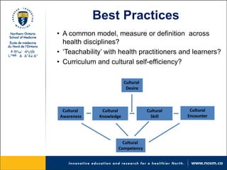 Cultural 
Desire 
Cultural Awareness 
Cultural Knowledge 
Cultural Skill 
Cultural Encounter 
Cultural Competency 
Best Practices 
• 
A common model, measure or definition across health disciplines? 
• 
‘Teachability’ with health practitioners and learners? 
• 
Curriculum and cultural self-efficiency?  