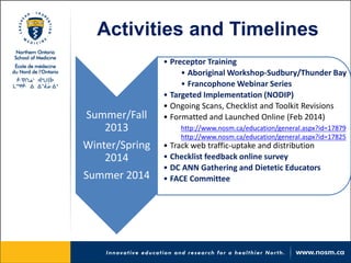 Activities and Timelines 
Summer/Fall 2013 Winter/Spring 2014 Summer 2014 
• 
Preceptor Training 
• 
Aboriginal Workshop-Sudbury/Thunder Bay 
• 
Francophone Webinar Series 
• 
Targeted Implementation (NODIP) 
• 
Ongoing Scans, Checklist and Toolkit Revisions 
• 
Formatted and Launched Online (Feb 2014) http://www.nosm.ca/education/general.aspx?id=17879 http://www.nosm.ca/education/general.aspx?id=17825 
• 
Track web traffic-uptake and distribution 
• 
Checklist feedback online survey 
• 
DC ANN Gathering and Dietetic Educators 
• 
FACE Committee  