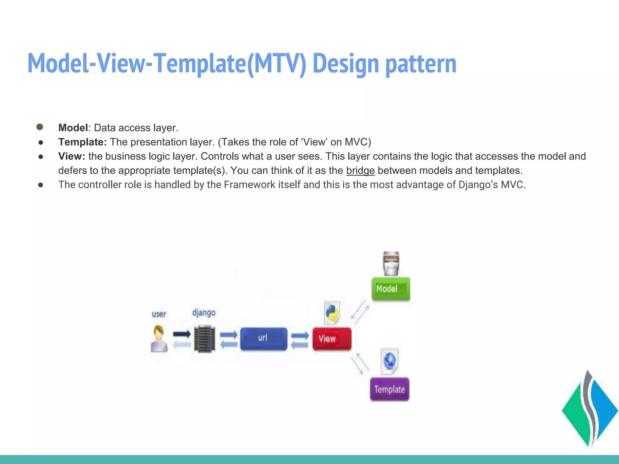 Model-View-Template(MTV) Design pattern
● Model: Data access layer.
● Template: The presentation layer. (Takes the role of ‘View’ on MVC)
● View: the business logic layer. Controls what a user sees. This layer contains the logic that accesses the model and
defers to the appropriate template(s). You can think of it as the bridge between models and templates.
● The controller role is handled by the Framework itself and this is the most advantage of Django’s MVC.
 