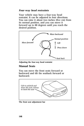 Four-way head restraints 
Your vehicle may have a four-way head 
restraint. It can be adjusted in four directions. 
You can raise it about two inches (five cm) from 
its normal position, and you can move it 
forward up to 60 degrees until you reach the 
desired position. 
Adjusting the four-way head restraint 
Manual Seats 
You can move the front seats forward or 
backward and tilt the seatback forward or 
backward. 
The front seat adjustment bar 
146 
 
