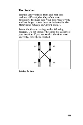 Tire Rotation 
Because your vehicle’s front and rear tires 
perform different jobs, they often wear 
differently. To make sure your tires wear evenly 
and last longer, rotate them as indicated in the 
Maintenance Schedule and Record booklet. 
Rotate the tires according to the following 
diagram. Do not include the spare tire as part of 
your rotation. If you notice that the tires wear 
unevenly, have them checked. 
291 
Rotating the tires 
 