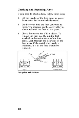Checking and Replacing Fuses 
If you need to check a fuse, follow these steps: 
1. Lift the handle of the fuse panel or power 
312 
distribution box to unlatch the cover. 
2. On the cover, find the fuse you want to 
check. The diagram on the cover tells you 
where to locate the fuse on the panel. 
3. Check the fuse to see if it is blown. To 
remove the fuse, use the pulling tool 
attached to the inside cover of the fuse 
panel. Look through the clear side of the 
fuse to see if the metal wire inside is 
separated. If it is, the fuse should be 
replaced. 
Fuse puller tool and fuse 
 
