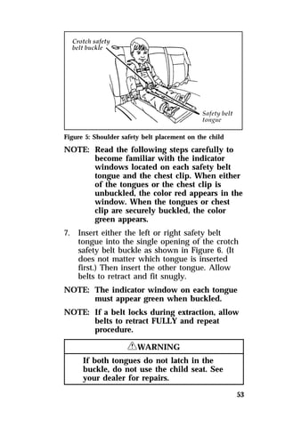 53 
Figure 5: Shoulder safety belt placement on the child 
NOTE: Read the following steps carefully to 
become familiar with the indicator 
windows located on each safety belt 
tongue and the chest clip. When either 
of the tongues or the chest clip is 
unbuckled, the color red appears in the 
window. When the tongues or chest 
clip are securely buckled, the color 
green appears. 
7. Insert either the left or right safety belt 
tongue into the single opening of the crotch 
safety belt buckle as shown in Figure 6. (It 
does not matter which tongue is inserted 
first.) Then insert the other tongue. Allow 
belts to retract and fit snugly. 
NOTE: The indicator window on each tongue 
must appear green when buckled. 
NOTE: If a belt locks during extraction, allow 
belts to retract FULLY and repeat 
procedure. 
RWARNING 
If both tongues do not latch in the 
buckle, do not use the child seat. See 
your dealer for repairs. 
 