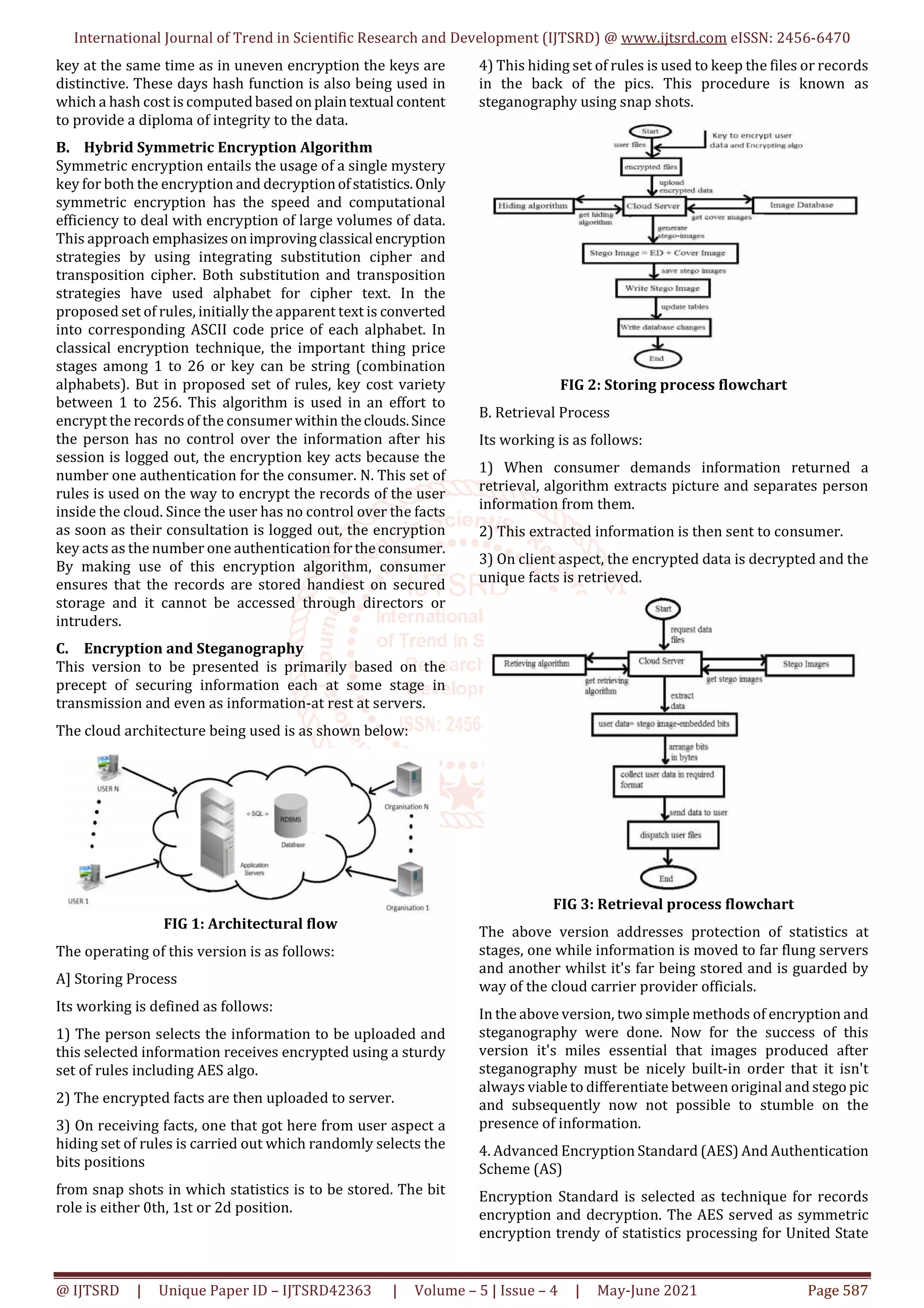 International Journal of Trend in Scientific Research and Development (IJTSRD) @ www.ijtsrd.com eISSN: 2456-6470
@ IJTSRD | Unique Paper ID – IJTSRD42363 | Volume – 5 | Issue – 4 | May-June 2021 Page 587
key at the same time as in uneven encryption the keys are
distinctive. These days hash function is also being used in
which a hash cost is computedbasedonplaintextual content
to provide a diploma of integrity to the data.
B. Hybrid Symmetric Encryption Algorithm
Symmetric encryption entails the usage of a single mystery
key for both the encryption and decryptionofstatistics.Only
symmetric encryption has the speed and computational
efficiency to deal with encryption of large volumes of data.
This approach emphasizesonimprovingclassical encryption
strategies by using integrating substitution cipher and
transposition cipher. Both substitution and transposition
strategies have used alphabet for cipher text. In the
proposed set of rules, initially the apparent text is converted
into corresponding ASCII code price of each alphabet. In
classical encryption technique, the important thing price
stages among 1 to 26 or key can be string (combination
alphabets). But in proposed set of rules, key cost variety
between 1 to 256. This algorithm is used in an effort to
encrypt the records of the consumer within theclouds.Since
the person has no control over the information after his
session is logged out, the encryption key acts because the
number one authentication for the consumer. N. This set of
rules is used on the way to encrypt the records of the user
inside the cloud. Since the user has no control over the facts
as soon as their consultation is logged out, the encryption
key acts as the number one authentication fortheconsumer.
By making use of this encryption algorithm, consumer
ensures that the records are stored handiest on secured
storage and it cannot be accessed through directors or
intruders.
C. Encryption and Steganography
This version to be presented is primarily based on the
precept of securing information each at some stage in
transmission and even as information-at rest at servers.
The cloud architecture being used is as shown below:
FIG 1: Architectural flow
The operating of this version is as follows:
A] Storing Process
Its working is defined as follows:
1) The person selects the information to be uploaded and
this selected information receives encrypted using a sturdy
set of rules including AES algo.
2) The encrypted facts are then uploaded to server.
3) On receiving facts, one that got here from user aspect a
hiding set of rules is carried out which randomly selects the
bits positions
from snap shots in which statistics is to be stored. The bit
role is either 0th, 1st or 2d position.
4) This hiding set of rules is used to keep the files or records
in the back of the pics. This procedure is known as
steganography using snap shots.
FIG 2: Storing process flowchart
B. Retrieval Process
Its working is as follows:
1) When consumer demands information returned a
retrieval, algorithm extracts picture and separates person
information from them.
2) This extracted information is then sent to consumer.
3) On client aspect, the encrypted data is decrypted and the
unique facts is retrieved.
FIG 3: Retrieval process flowchart
The above version addresses protection of statistics at
stages, one while information is moved to far flung servers
and another whilst it's far being stored and is guarded by
way of the cloud carrier provider officials.
In the above version, two simple methods of encryption and
steganography were done. Now for the success of this
version it's miles essential that images produced after
steganography must be nicely built-in order that it isn't
always viable to differentiate between original and stego pic
and subsequently now not possible to stumble on the
presence of information.
4. Advanced Encryption Standard (AES) And Authentication
Scheme (AS)
Encryption Standard is selected as technique for records
encryption and decryption. The AES served as symmetric
encryption trendy of statistics processing for United State
 