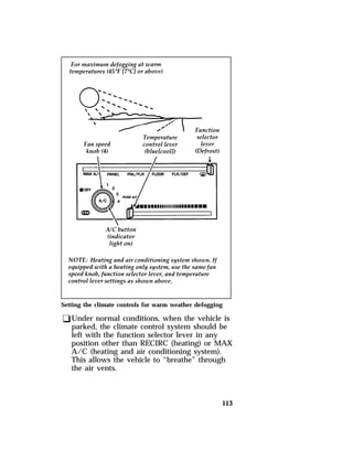 Setting the climate controls for warm weather defogging 
qUnder normal conditions, when the vehicle is 
parked, the climate control system should be 
left with the function selector lever in any 
position other than RECIRC (heating) or MAX 
A/C (heating and air conditioning system). 
This allows the vehicle to “breathe” through 
the air vents. 
113 
 