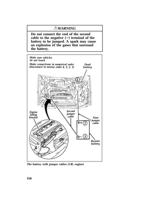 216 
RWARNING 
Do not connect the end of the second 
cable to the negative (S) terminal of the 
battery to be jumped. A spark may cause 
an explosion of the gases that surround 
the battery. 
The battery with jumper cables (1.8L engine) 
 