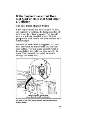 If the Engine Cranks but Does 
Not Start or Does Not Start After 
a Collision 
The Fuel Pump Shut-off Switch 
If the engine cranks but does not start or does 
not start after a collision, the fuel pump shut-off 
switch may have been triggered. The shut-off 
switch is a device intended to stop the fuel 
pump when your vehicle has been involved in a 
substantial jolt. 
Once the shut-off switch is triggered, you must 
reset the switch by hand before you can start 
your vehicle. The fuel pump shut-off switch is 
located behind the right rear trim panel in the 
trunk. You can reach the switch to reset it 
through the access hole. 
89 
Location of the fuel pump shut-off switch (location on 
wagon similar) 
 