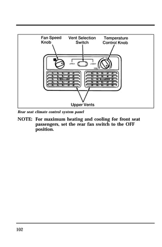 Rear seat climate control system panel 
NOTE: For maximum heating and cooling for front seat 
102 
passengers, set the rear fan switch to the OFF 
position. 
 