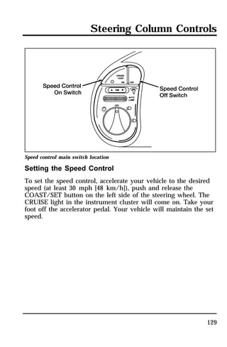 Steering Column Controls 
Speed control main switch location 
Setting the Speed Control 
To set the speed control, accelerate your vehicle to the desired 
speed (at least 30 mph [48 km/h]), push and release the 
COAST/SET button on the left side of the steering wheel. The 
CRUISE light in the instrument cluster will come on. Take your 
foot off the accelerator pedal. Your vehicle will maintain the set 
speed. 
129 
 