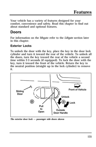 Features 
Your vehicle has a variety of features designed for your 
comfort, convenience and safety. Read this chapter to find out 
about standard and optional features. 
Doors 
For information on the liftgate refer to the Liftgate section later 
in this chapter. 
Exterior Locks 
To unlock the door with the key, place the key in the door lock 
cylinder and turn it toward the rear of the vehicle. To unlock all 
the doors, turn the key toward the rear of the vehicle a second 
time within 2-3 seconds (if equipped). To lock the door with the 
key, turn it toward the front of the vehicle. Return the key to 
the neutral position (straight up in the lock cylinder) to remove 
it. 
135 
The exterior door lock — passenger side doors shown 
 