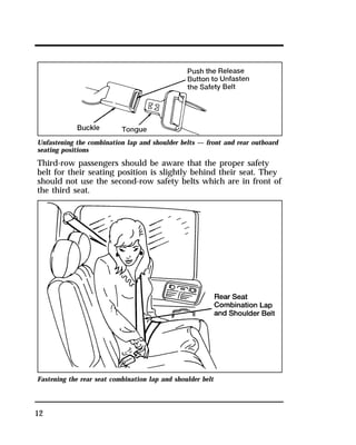 Unfastening the combination lap and shoulder belts — front and rear outboard 
seating positions 
Third-row passengers should be aware that the proper safety 
belt for their seating position is slightly behind their seat. They 
should not use the second-row safety belts which are in front of 
the third seat. 
Fastening the rear seat combination lap and shoulder belt 
12 
 