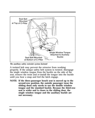 The auxiliary safety restraint system fastened 
A twisted belt may prevent the retractor from working 
properly. If the unique safety belt system is twisted, disengage 
the single window tongue from the buckle on the side of the 
seat, remove the twist and re-install the tongue into the buckle 
until you hear a snap and feel the latch engage. 
NOTE: If the three-passenger bench seat is moved up to the 
20 
second-row position, the outside passenger (near the 
sliding door) only needs to use the double window 
tongue and the standard buckle. Because the third-row 
seat is wider and is closer to the sliding door, the 
single window tongue and the auxiliary buckle are 
not necessary. 
 
