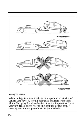 Towing the vehicle 
When calling for a tow truck, tell the operator what kind of 
vehicle you have. A towing manual is available from Ford 
Motor Company for all authorized tow truck operators. Have 
your tow truck driver refer to this manual for the proper 
hook-up and towing procedures for your vehicle. 
274 
 