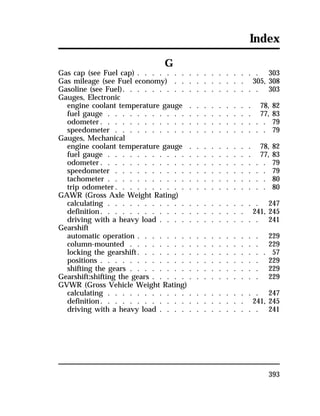 Index 
393 
G 
Gas cap (see Fuel cap) . . . . . . . . . . . . . . . . . 303 
Gas mileage (see Fuel economy) . . . . . . . . . . 305, 308 
Gasoline (see Fuel). . . . . . . . . . . . . . . . . . . 303 
Gauges, Electronic 
engine coolant temperature gauge . . . . . . . . . 78, 82 
fuel gauge . . . . . . . . . . . . . . . . . . . . 77, 83 
odometer. . . . . . . . . . . . . . . . . . . . . . . 79 
speedometer . . . . . . . . . . . . . . . . . . . . . 79 
Gauges, Mechanical 
engine coolant temperature gauge . . . . . . . . . 78, 82 
fuel gauge . . . . . . . . . . . . . . . . . . . . 77, 83 
odometer. . . . . . . . . . . . . . . . . . . . . . . 79 
speedometer . . . . . . . . . . . . . . . . . . . . . 79 
tachometer . . . . . . . . . . . . . . . . . . . . . . 80 
trip odometer. . . . . . . . . . . . . . . . . . . . . 80 
GAWR (Gross Axle Weight Rating) 
calculating . . . . . . . . . . . . . . . . . . . . . 247 
definition. . . . . . . . . . . . . . . . . . . . 241, 245 
driving with a heavy load . . . . . . . . . . . . . . 241 
Gearshift 
automatic operation . . . . . . . . . . . . . . . . . 229 
column-mounted . . . . . . . . . . . . . . . . . . 229 
locking the gearshift. . . . . . . . . . . . . . . . . . 57 
positions . . . . . . . . . . . . . . . . . . . . . . 229 
shifting the gears . . . . . . . . . . . . . . . . . . 229 
Gearshift:shifting the gears . . . . . . . . . . . . . . . 229 
GVWR (Gross Vehicle Weight Rating) 
calculating . . . . . . . . . . . . . . . . . . . . . 247 
definition. . . . . . . . . . . . . . . . . . . . 241, 245 
driving with a heavy load . . . . . . . . . . . . . . 241 
 
