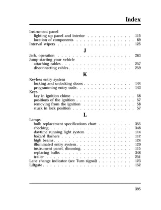 Index 
Instrument panel 
lighting up panel and interior . . . . . . . . . . . . 115 
location of components . . . . . . . . . . . . . . . . 89 
Interval wipers . . . . . . . . . . . . . . . . . . . . 125 
395 
J 
Jack, operation . . . . . . . . . . . . . . . . . . . . 263 
Jump-starting your vehicle 
attaching cables . . . . . . . . . . . . . . . . . . . 257 
disconnecting cables . . . . . . . . . . . . . . . . . 259 
K 
Keyless entry system 
locking and unlocking doors . . . . . . . . . . . . . 144 
programming entry code. . . . . . . . . . . . . . . 143 
Keys 
key in ignition chime . . . . . . . . . . . . . . . . . 58 
positions of the ignition . . . . . . . . . . . . . . . . 57 
removing from the ignition . . . . . . . . . . . . . . 58 
stuck in lock position . . . . . . . . . . . . . . . . . 57 
L 
Lamps 
bulb replacement specifications chart . . . . . . . . . 355 
checking . . . . . . . . . . . . . . . . . . . . . . 348 
daytime running light system . . . . . . . . . . . . 114 
hazard flashers . . . . . . . . . . . . . . . . . . . 112 
high beams . . . . . . . . . . . . . . . . . . . . . 124 
illuminated entry system. . . . . . . . . . . . . . . 120 
instrument panel, dimming. . . . . . . . . . . . . . 115 
replacing bulbs . . . . . . . . . . . . . . . . . . . 348 
trailer . . . . . . . . . . . . . . . . . . . . . . . 251 
Lane change indicator (see Turn signal) . . . . . . . . . 123 
Liftgate . . . . . . . . . . . . . . . . . . . . . . . . 152 
 