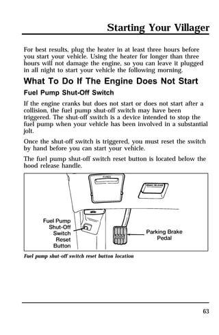Starting Your Villager 
For best results, plug the heater in at least three hours before 
you start your vehicle. Using the heater for longer than three 
hours will not damage the engine, so you can leave it plugged 
in all night to start your vehicle the following morning. 
What To Do If The Engine Does Not Start 
Fuel Pump Shut-Off Switch 
If the engine cranks but does not start or does not start after a 
collision, the fuel pump shut-off switch may have been 
triggered. The shut-off switch is a device intended to stop the 
fuel pump when your vehicle has been involved in a substantial 
jolt. 
Once the shut-off switch is triggered, you must reset the switch 
by hand before you can start your vehicle. 
The fuel pump shut-off switch reset button is located below the 
hood release handle. 
63 
Fuel pump shut-off switch reset button location 
 
