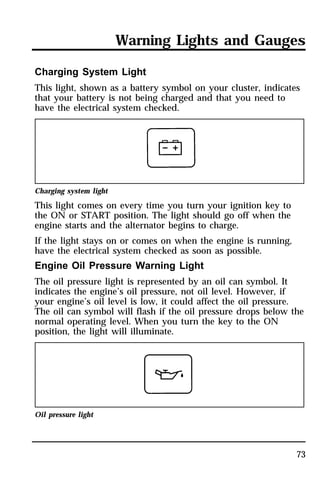 Warning Lights and Gauges 
Charging System Light 
This light, shown as a battery symbol on your cluster, indicates 
that your battery is not being charged and that you need to 
have the electrical system checked. 
Charging system light 
This light comes on every time you turn your ignition key to 
the ON or START position. The light should go off when the 
engine starts and the alternator begins to charge. 
If the light stays on or comes on when the engine is running, 
have the electrical system checked as soon as possible. 
Engine Oil Pressure Warning Light 
The oil pressure light is represented by an oil can symbol. It 
indicates the engine’s oil pressure, not oil level. However, if 
your engine’s oil level is low, it could affect the oil pressure. 
The oil can symbol will flash if the oil pressure drops below the 
normal operating level. When you turn the key to the ON 
position, the light will illuminate. 
73 
Oil pressure light 
 