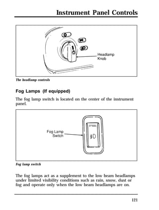 Instrument Panel Controls 
121 
The headlamp controls 
Fog Lamps (If equipped) 
The fog lamp switch is located on the center of the instrument 
panel. 
Fog lamp switch 
The fog lamps act as a supplement to the low beam headlamps 
under limited visibility conditions such as rain, snow, dust or 
fog and operate only when the low beam headlamps are on. 
 