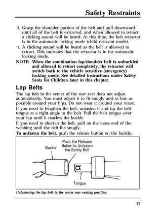 Safety Restraints 
2. Grasp the shoulder portion of the belt and pull downward 
until all of the belt is extracted, and when allowed to retract, 
a clicking sound will be heard. At this time, the belt retractor 
is in the automatic locking mode (child restraint mode). 
3. A clicking sound will be heard as the belt is allowed to 
retract. This indicates that the retractor is in the automatic 
locking mode. 
NOTE: When the combination lap/shoulder belt is unbuckled 
17 
and allowed to retract completely, the retractor will 
switch back to the vehicle sensitive (emergency) 
locking mode. See detailed instructions under Safety 
Seats for Children later in this chapter. 
Lap Belts 
The lap belt in the center of the rear seat does not adjust 
automatically. You must adjust it to fit snugly and as low as 
possible around your hips. Do not wear it around your waist. 
If you need to lengthen the belt, unfasten it and tip the belt 
tongue at a right angle to the belt. Pull the belt tongue over 
your lap until it reaches the buckle. 
If you need to shorten the belt, pull on the loose end of the 
webbing until the belt fits snugly. 
To unfasten the belt, push the release button on the buckle. 
Unfastening the lap belt in the center rear seating position 
 