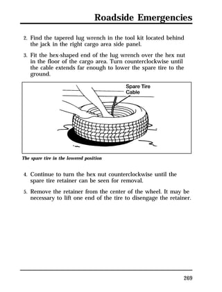 Roadside Emergencies 
2. Find the tapered lug wrench in the tool kit located behind 
the jack in the right cargo area side panel. 
3. Fit the hex-shaped end of the lug wrench over the hex nut 
in the floor of the cargo area. Turn counterclockwise until 
the cable extends far enough to lower the spare tire to the 
ground. 
269 
The spare tire in the lowered position 
4. Continue to turn the hex nut counterclockwise until the 
spare tire retainer can be seen for removal. 
5. Remove the retainer from the center of the wheel. It may be 
necessary to lift one end of the tire to disengage the retainer. 
 