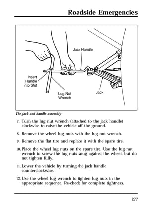 Roadside Emergencies 
277 
The jack and handle assembly 
7. Turn the lug nut wrench (attached to the jack handle) 
clockwise to raise the vehicle off the ground. 
8. Remove the wheel lug nuts with the lug nut wrench. 
9. Remove the flat tire and replace it with the spare tire. 
10. Place the wheel lug nuts on the spare tire. Use the lug nut 
wrench to screw the lug nuts snug against the wheel, but do 
not tighten fully. 
11. Lower the vehicle by turning the jack handle 
counterclockwise. 
12. Use the wheel lug wrench to tighten lug nuts in the 
appropriate sequence. Re-check for complete tightness. 
 