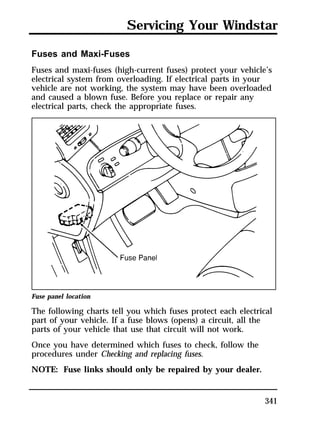 Servicing Your Windstar 
Fuses and Maxi-Fuses 
Fuses and maxi-fuses (high-current fuses) protect your vehicle’s 
electrical system from overloading. If electrical parts in your 
vehicle are not working, the system may have been overloaded 
and caused a blown fuse. Before you replace or repair any 
electrical parts, check the appropriate fuses. 
Fuse panel location 
The following charts tell you which fuses protect each electrical 
part of your vehicle. If a fuse blows (opens) a circuit, all the 
parts of your vehicle that use that circuit will not work. 
Once you have determined which fuses to check, follow the 
procedures under Checking and replacing fuses. 
NOTE: Fuse links should only be repaired by your dealer. 
341 
 