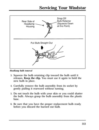 Servicing Your Windstar 
353 
Headlamp bulb removal 
3. Squeeze the bulb retaining clip toward the bulb until it 
releases. Keep the clip. You must use it again to hold the 
new bulb in place. 
4. Carefully remove the bulb assembly from its socket by 
gently pulling it rearward without turning. 
5. Do not touch the bulb with your skin or you could shatter 
the bulb. Always grasp the bulb assembly from the plastic 
base. 
6. Be sure that you have the proper replacement bulb ready 
before you discard the burned out bulb. 
 
