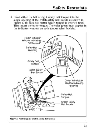 Safety Restraints 
6. Insert either the left or right safety belt tongue into the 
single opening of the crotch safety belt buckle as shown in 
Figure 5. (It does not matter which tongue is inserted first.) 
Then insert the other tongue. The color green must appear in 
the indicator window on each tongue when buckled. 
33 
Figure 5: Fastening the crotch safety belt buckle 
 