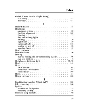 Index 
GVWR (Gross Vehicle Weight Rating) 
calculating . . . . . . . . . . . . . . . . . . . . . 253 
definition. . . . . . . . . . . . . . . . . . . . . . 251 
389 
H 
Hazard flashers . . . . . . . . . . . . . . . . . . . . 135 
Headlamps 
autolamp system . . . . . . . . . . . . . . . . . . 123 
checking alignment . . . . . . . . . . . . . . . . . 352 
cleaning . . . . . . . . . . . . . . . . . . . . . . 125 
daytime running lights. . . . . . . . . . . . . . . . 122 
flashing . . . . . . . . . . . . . . . . . . . . . . 130 
high beam . . . . . . . . . . . . . . . . . . . . . 130 
replacing bulbs . . . . . . . . . . . . . . . . . . . 352 
turning on and off . . . . . . . . . . . . . . . . . 120 
warning chime . . . . . . . . . . . . . . . . . . . 122 
Head restraints . . . . . . . . . . . . . . . . . . . . 171 
Heated mirrors . . . . . . . . . . . . . . . . . . . . 190 
Heating 
manual heating and air conditioning system . . . . . . 106 
rear seat controls . . . . . . . . . . . . . . . . . . 116 
High beams, indicator light. . . . . . . . . . . . . . 75, 90 
Hitch. . . . . . . . . . . . . . . . . . . . . . . . . 255 
Hood 
latch location . . . . . . . . . . . . . . . . . . . . 303 
lubrication specifications . . . . . . . . . . . . . . . 365 
release lever . . . . . . . . . . . . . . . . . . . . 303 
Horn . . . . . . . . . . . . . . . . . . . . . . . . . 134 
Hoses, checking . . . . . . . . . . . . . . . . . . . . 323 
I 
Identification Number, Vehicle (VIN) . . . . . . . . . . 285 
Idle, relearning . . . . . . . . . . . . . . . . . . . . 266 
Ignition 
positions of the ignition . . . . . . . . . . . . . . . . 55 
removing the key . . . . . . . . . . . . . . . . . . . 56 
Indicator lamp module. . . . . . . . . . . . . . . . . 102 
 