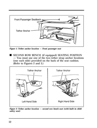 Figure 1: Tether anchor location — Front passenger seat 
n SECOND ROW BENCH (if equipped) SEATING POSITION 
52 
— You must use one of the two tether strap anchor locations 
(one each side) provided on the back of the seat cushion. 
(Refer to Figures 2 and 3.) 
Figure 2: Tether anchor location — second row bench seat (with built-in child 
safety seat) 
 