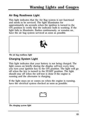 Warning Lights and Gauges 
Air Bag Readiness Light 
This light indicates that the Air Bag system is not functional 
and needs to be serviced. The light illuminates for 
approximately six seconds when the ignition is turned to the 
ON position to verify that the indicator bulb is working. If the 
light fails to illuminate, flashes continuously, or remains on, 
have the air bag system serviced as soon as possible. 
The air bag readiness light 
Charging System Light 
This light indicates that your battery is not being charged. The 
light comes on briefly during the display self-test every time 
you turn your ignition key to the ON position. The light will go 
off when the key is turned to the START position. The light 
should stay off when the self-test is done if the engine is 
running and the alternator is charging. 
If the light stays on or comes on when the engine is running, 
have the electrical system checked as soon as possible. 
85 
The charging system light 
 