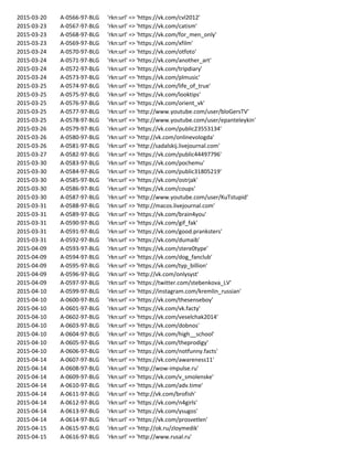 2015-03-20 A-0566-97-BLG 'rkn:url' => 'https://vk.com/cvl2012'
2015-03-23 A-0567-97-BLG 'rkn:url' => 'https://vk.com/catism'
2015-03-23 A-0568-97-BLG 'rkn:url' => 'https://vk.com/for_men_only'
2015-03-23 A-0569-97-BLG 'rkn:url' => 'https://vk.com/xfilm'
2015-03-24 A-0570-97-BLG 'rkn:url' => 'https://vk.com/otfoto'
2015-03-24 A-0571-97-BLG 'rkn:url' => 'https://vk.com/another_art'
2015-03-24 A-0572-97-BLG 'rkn:url' => 'https://vk.com/tripdiary'
2015-03-24 A-0573-97-BLG 'rkn:url' => 'https://vk.com/plmusic'
2015-03-25 A-0574-97-BLG 'rkn:url' => 'https://vk.com/life_of_true'
2015-03-25 A-0575-97-BLG 'rkn:url' => 'https://vk.com/looktips'
2015-03-25 A-0576-97-BLG 'rkn:url' => 'https://vk.com/orient_vk'
2015-03-25 A-0577-97-BLG 'rkn:url' => 'http://www.youtube.com/user/bloGersTV'
2015-03-25 A-0578-97-BLG 'rkn:url' => 'http://www.youtube.com/user/epanteleykin'
2015-03-26 A-0579-97-BLG 'rkn:url' => 'https://vk.com/public23553134'
2015-03-26 A-0580-97-BLG 'rkn:url' => 'http://vk.com/onlinevologda'
2015-03-26 A-0581-97-BLG 'rkn:url' => 'http://sadalskij.livejournal.com'
2015-03-27 A-0582-97-BLG 'rkn:url' => 'https://vk.com/public44497796'
2015-03-30 A-0583-97-BLG 'rkn:url' => 'https://vk.com/pochemu'
2015-03-30 A-0584-97-BLG 'rkn:url' => 'https://vk.com/public31805219'
2015-03-30 A-0585-97-BLG 'rkn:url' => 'https://vk.com/ostrjak'
2015-03-30 A-0586-97-BLG 'rkn:url' => 'https://vk.com/coups'
2015-03-30 A-0587-97-BLG 'rkn:url' => 'http://www.youtube.com/user/KuTstupid'
2015-03-31 A-0588-97-BLG 'rkn:url' => 'http://macos.livejournal.com'
2015-03-31 A-0589-97-BLG 'rkn:url' => 'https://vk.com/brain4you'
2015-03-31 A-0590-97-BLG 'rkn:url' => 'https://vk.com/gif_fak'
2015-03-31 A-0591-97-BLG 'rkn:url' => 'https://vk.com/good.pranksters'
2015-03-31 A-0592-97-BLG 'rkn:url' => 'https://vk.com/dumaib'
2015-04-09 A-0593-97-BLG 'rkn:url' => 'https://vk.com/stere0type'
2015-04-09 A-0594-97-BLG 'rkn:url' => 'https://vk.com/dog_fanclub'
2015-04-09 A-0595-97-BLG 'rkn:url' => 'https://vk.com/typ_billion'
2015-04-09 A-0596-97-BLG 'rkn:url' => 'http://vk.com/onlysyst'
2015-04-09 A-0597-97-BLG 'rkn:url' => 'https://twitter.com/stebenkova_LV'
2015-04-10 A-0599-97-BLG 'rkn:url' => 'https://instagram.com/kremlin_russian'
2015-04-10 A-0600-97-BLG 'rkn:url' => 'https://vk.com/thesenseboy'
2015-04-10 A-0601-97-BLG 'rkn:url' => 'https://vk.com/vk.facty'
2015-04-10 A-0602-97-BLG 'rkn:url' => 'https://vk.com/veselchak2014'
2015-04-10 A-0603-97-BLG 'rkn:url' => 'https://vk.com/dobnos'
2015-04-10 A-0604-97-BLG 'rkn:url' => 'https://vk.com/high__school'
2015-04-10 A-0605-97-BLG 'rkn:url' => 'https://vk.com/theprodigy'
2015-04-10 A-0606-97-BLG 'rkn:url' => 'https://vk.com/notfunny.facts'
2015-04-14 A-0607-97-BLG 'rkn:url' => 'https://vk.com/awareness11'
2015-04-14 A-0608-97-BLG 'rkn:url' => 'http://wow-impulse.ru'
2015-04-14 A-0609-97-BLG 'rkn:url' => 'https://vk.com/v_smolenske'
2015-04-14 A-0610-97-BLG 'rkn:url' => 'https://vk.com/adv.time'
2015-04-14 A-0611-97-BLG 'rkn:url' => 'http://vk.com/brofish'
2015-04-14 A-0612-97-BLG 'rkn:url' => 'https://vk.com/n4girls'
2015-04-14 A-0613-97-BLG 'rkn:url' => 'https://vk.com/ysugos'
2015-04-14 A-0614-97-BLG 'rkn:url' => 'https://vk.com/prosvetlen'
2015-04-15 A-0615-97-BLG 'rkn:url' => 'http://ok.ru/zloymedik'
2015-04-15 A-0616-97-BLG 'rkn:url' => 'http://www.rusal.ru'
 