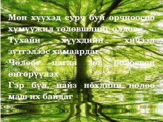 Хүүхдийн эрүүл мэнд, гоо сайхан, зан үйл, харьцаа, оюуны хөгжилийг дэмжих 