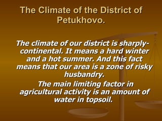 The Climate of the District of Petukhovo. The climate of our district is sharply-continental. It means a hard winter and a hot summer. And this fact means that our area is a zone of risky husbandry. The main limiting factor in agricultural activity is an amount of water in topsoil.  