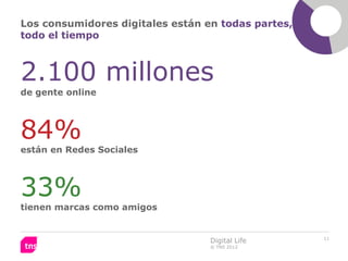 Los consumidores digitales están en todas partes,
todo el tiempo



2.100 millones
de gente online



84%
están en Redes S...