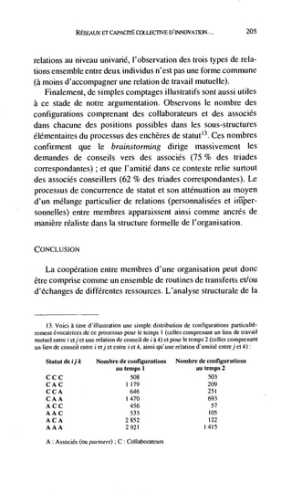 RESEAUX Er CAPACITE COLLECI1VE D'INNOVATION...                        205



relations au niveau univarié, l'observation des trois types de rela-
tions ensemble entre deux individus n'est pas une forme commune
(a moms d'accompagner une relation de travail mutuelle).
    Finalement, de simples comptages illustratifs sont aussi utiles
a ce stade de notre argumentation. Observons le nombre des
configurations comprenant des collaborateurs et des associés
dans chacune des positions possibles dans les sous-structures
élémentaires du processus des enchères de statut13. Ces nombres
confirment que le brainstorming dirige massivenient les
demandes de conseils vers des associés (75 % des triades
correspondantes); et que l'amitié dans ce contexte relie surtout
des associés conseillers (62 % des triades correspondantes). Le
processus de concurrence de statut et son attenuation au moyen
d'un mélange particulier de relations (personnalisées et
sonnelles) entre membres apparaissent ainsi comme ancrés de
manière réaliste dans Ia structure formelle de l'organisation.


CONCLUSION

    La cooperation entre membres d'une organisation peut donc
être comprise comme un ensemble de routines de transferts et/ou
d'echanges de différentes ressources. L'analyse structurale de Ia


     13. Voici a titre d'illustration une simple distribution de configurations particuliè-
renient évocatrices de ce processus pour Ic temps I (celles comprenant un lien de travail
mutuel entre i etjet une relation de conseil deja k) et pour le temps 2 (celles comprenant
un lien de conseil entre jet) et entre set k, ainsi qu'une relation        entrej et k):

    Statut   de ij k       Nombre    de configurations      Nombre de configurations
                                   au temps      1                au temps 2
    CCC                                   508                          503
    CAC                                  1179                          209
    CCA                                   646                          251
    CAA                                  1470                          693
    ACC                                   456                           57
    AAC                                    535                         105
    ACA                                  2852                          122
    AAA                                  2921                        1415

    A   : Associés   (ou partners) ; C   : Collaborateurs
 
