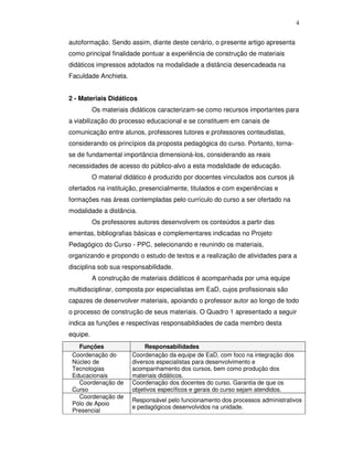 4


autoformação. Sendo assim, diante deste cenário, o presente artigo apresenta
como principal finalidade pontuar a experiência de construção de materiais
didáticos impressos adotados na modalidade a distância desencadeada na
Faculdade Anchieta.


2 - Materiais Didáticos
          Os materiais didáticos caracterizam-se como recursos importantes para
a viabilização do processo educacional e se constituem em canais de
comunicação entre alunos, professores tutores e professores conteudistas,
considerando os princípios da proposta pedagógica do curso. Portanto, torna-
se de fundamental importância dimensioná-los, considerando as reais
necessidades de acesso do público-alvo a esta modalidade de educação.
          O material didático é produzido por docentes vinculados aos cursos já
ofertados na instituição, presencialmente, titulados e com experiências e
formações nas áreas contempladas pelo currículo do curso a ser ofertado na
modalidade a distância.
          Os professores autores desenvolvem os conteúdos a partir das
ementas, bibliografias básicas e complementares indicadas no Projeto
Pedagógico do Curso - PPC, selecionando e reunindo os materiais,
organizando e propondo o estudo de textos e a realização de atividades para a
disciplina sob sua responsabilidade.
          A construção de materiais didáticos é acompanhada por uma equipe
multidisciplinar, composta por especialistas em EaD, cujos profissionais são
capazes de desenvolver materiais, apoiando o professor autor ao longo de todo
o processo de construção de seus materiais. O Quadro 1 apresentado a seguir
indica as funções e respectivas responsabildiades de cada membro desta
equipe.
   Funções                  Responsabilidades
 Coordenação do        Coordenação da equipe de EaD, com foco na integração dos
 Núcleo de             diversos especialistas para desenvolvimento e
 Tecnologias           acompanhamento dos cursos, bem como produção dos
 Educacionais          materiais didáticos.
   Coordenação de      Coordenação dos docentes do curso. Garantia de que os
 Curso                 objetivos específicos e gerais do curso sejam atendidos.
   Coordenação de
                       Responsável pelo funcionamento dos processos administrativos
 Pólo de Apoio
                       e pedagógicos desenvolvidos na unidade.
 Presencial
 