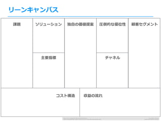 リーンキャンバス
課題 ソリューション
主要指標
独⾃の価値提案 圧倒的な優位性
チャネル
顧客セグメント
コスト構造 収益の流れ
 