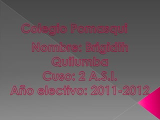 Colegio Pomasqui,[object Object],Nombre: Brigidth Quilumba,[object Object],Cuso: 2 A.S.I.,[object Object],Año electivo: 2011-2012,[object Object]