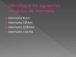  Memoria Ram
 Memoria DRAM
 Memoria SDRAM
 Memoria cache
 