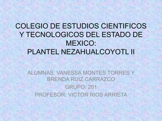 COLEGIO DE ESTUDIOS CIENTIFICOS 
Y TECNOLOGICOS DEL ESTADO DE 
MEXICO: 
PLANTEL NEZAHUALCOYOTL II 
ALUMNAS: VANESSA MONTES TORRES Y 
BRENDA RUIZ CARRAZCO 
GRUPO: 201 
PROFESOR: VICTOR RIOS ARRIETA 
 