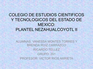 COLEGIO DE ESTUDIOS CIENTIFICOS 
Y TECNOLOGICOS DEL ESTADO DE 
MEXICO: 
PLANTEL NEZAHUALCOYOTL II 
ALUMNAS: VANESSA MONTES TORRES Y 
BRENDA RUIZ CARRAZCO 
RICARDO TELLEZ 
GRUPO: 201 
PROFESOR: VICTOR RIOS ARRIETA 
 