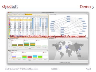 Demo




       http://www.cloudsoftcorp.com/products/view-demo/




Strictly Con dential © 2012 Cloudsoft Corporation   16/02/2012     Page: 3
 