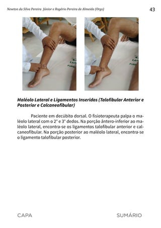 CAPA SUMÁRIO
Newton da Silva Pereira Júnior e Rogério Pereira de Almeida (Orgs) 43
Maléolo Lateral e Ligamentos Inseridos (Talofibular Anterior e
Posterior e Calcaneofibular)
Paciente em decúbito dorsal. O fisioterapeuta palpa o ma-
léolo lateral com o 2° e 3° dedos. Na porção ântero-inferior ao ma-
léolo lateral, encontra-se os ligamentos talofibular anterior e cal-
caneofibular. Na porção posterior ao maléolo lateral, encontra-se
o ligamento talofibular posterior.
 